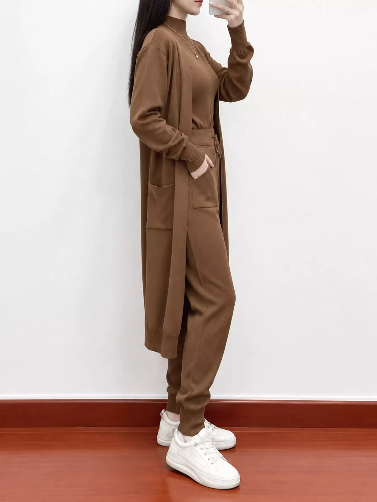 Sleeveless Top and Drawstring Joggers Sweater Set with Long Cardigan — side view