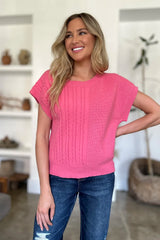 Trendsi Double Take Full Size Cable-Knit Round Neck Short Sleeve Sweater -