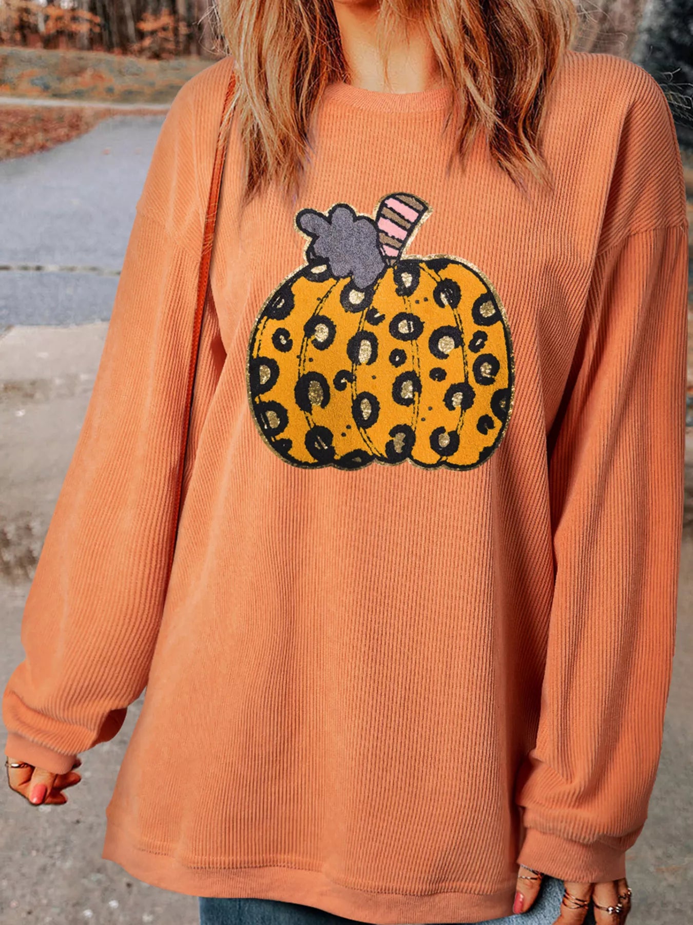 Trendsi Halloween Leopard Pumpkin Patchwork Ribbed Sweatshirt -