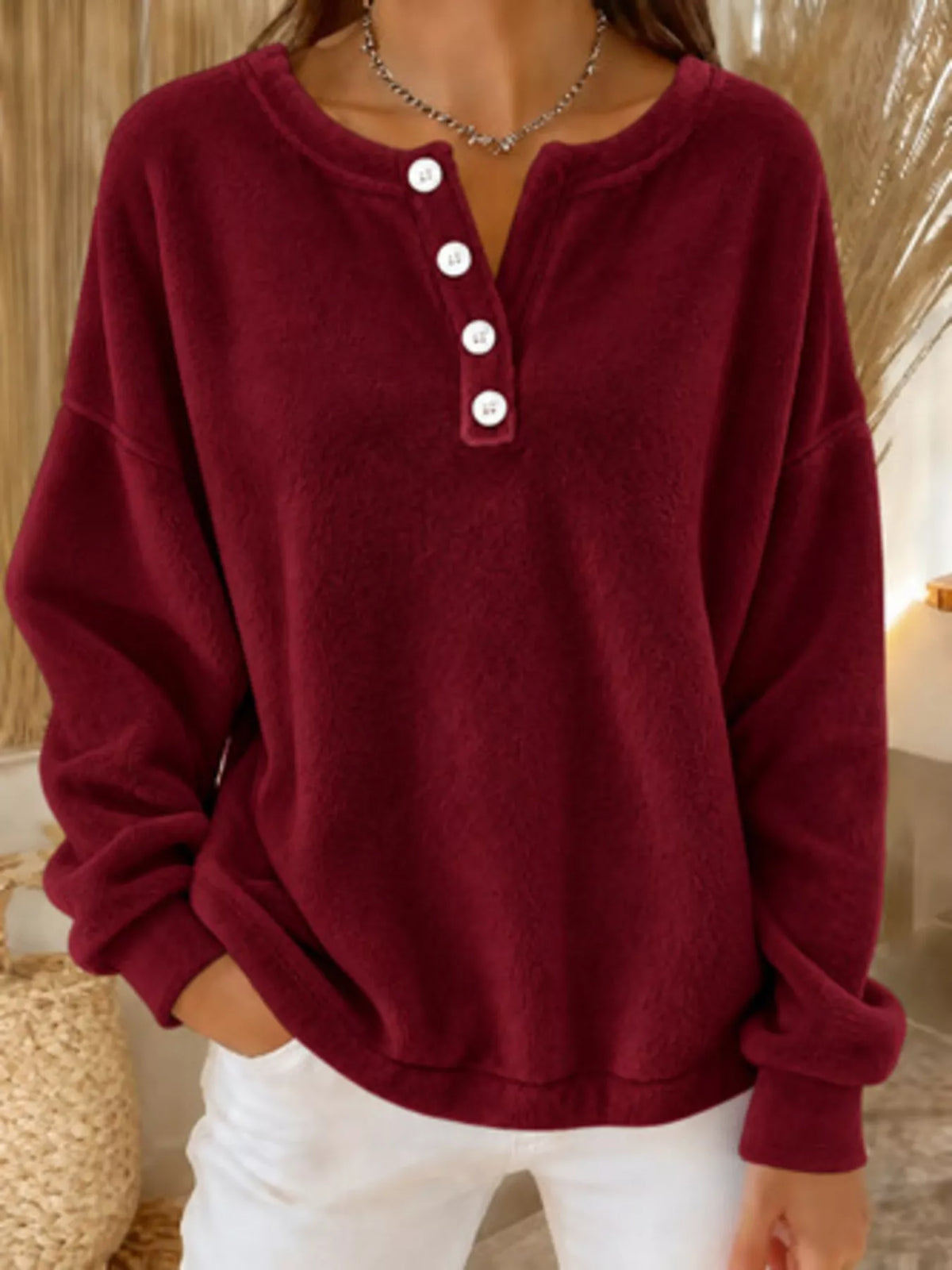 Burgundy button-detail dropped shoulder sweatshirt, front view