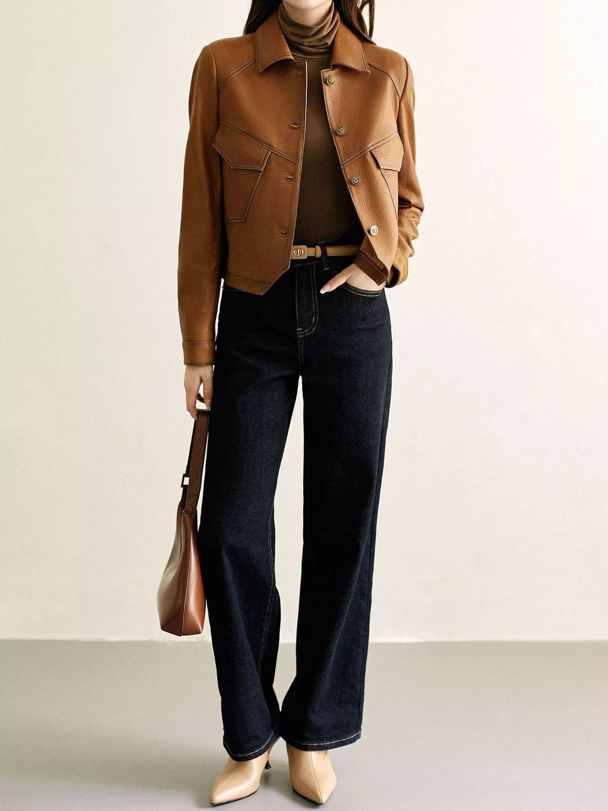 Collared long sleeve jacket, front view on model