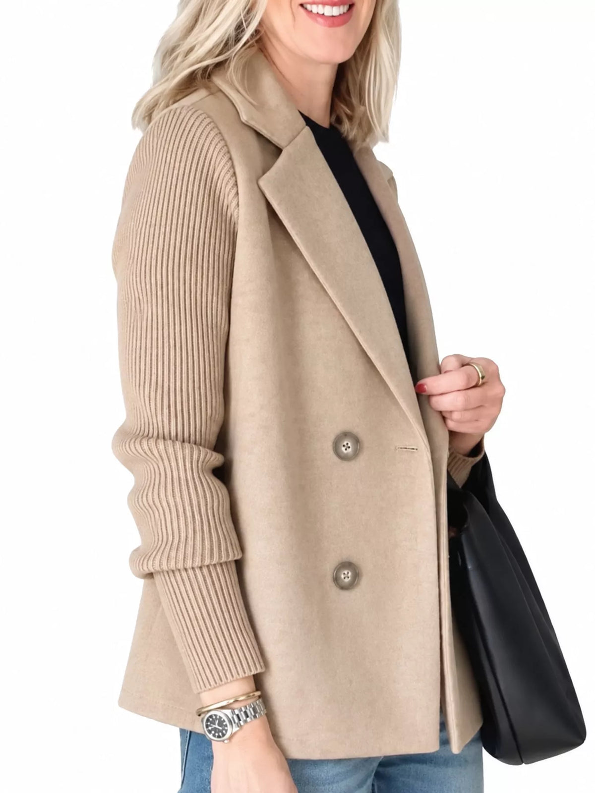 Khaki double-breasted blazer with ribbed knit sleeves