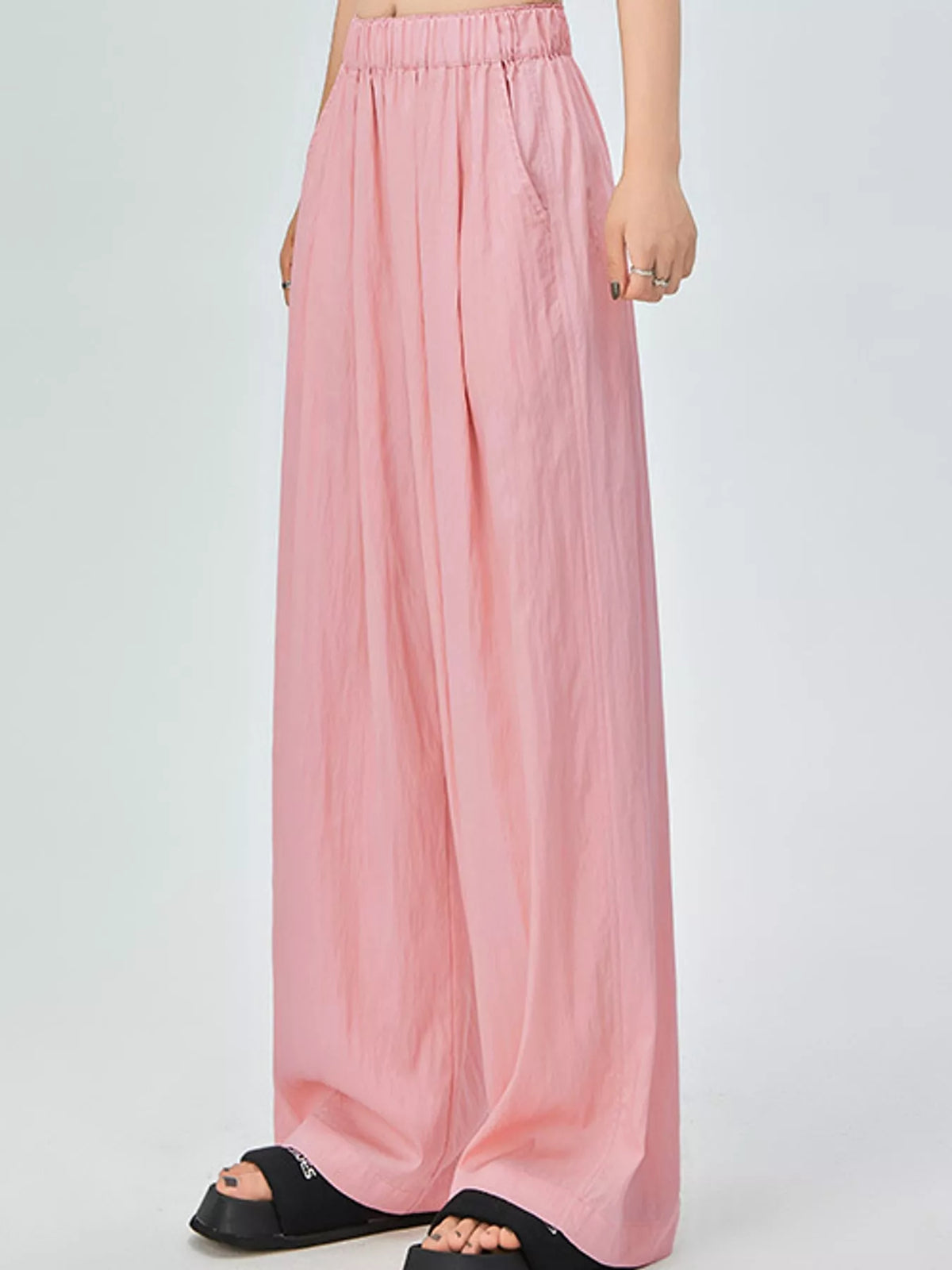Women's High-Waisted Loose Fit Wide-Leg Casual Pants in pink — side view