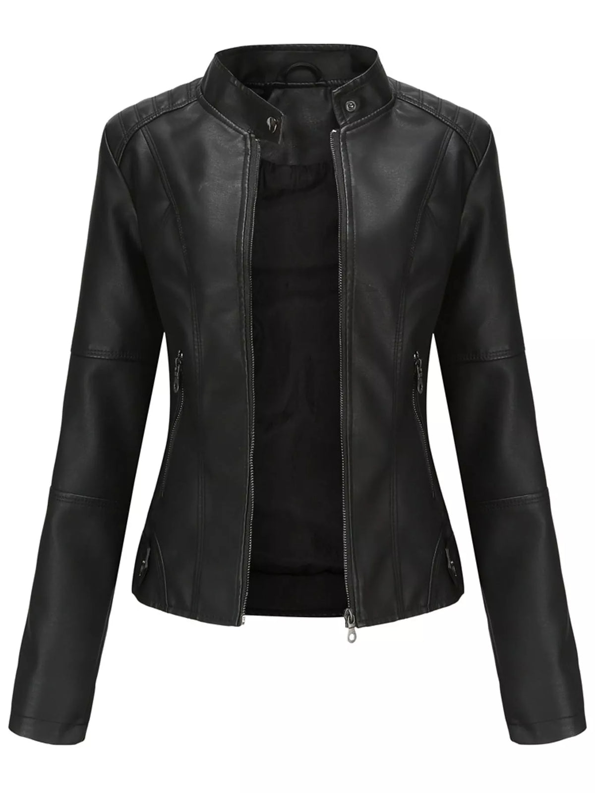 Faux-leather moto jacket, black open front
