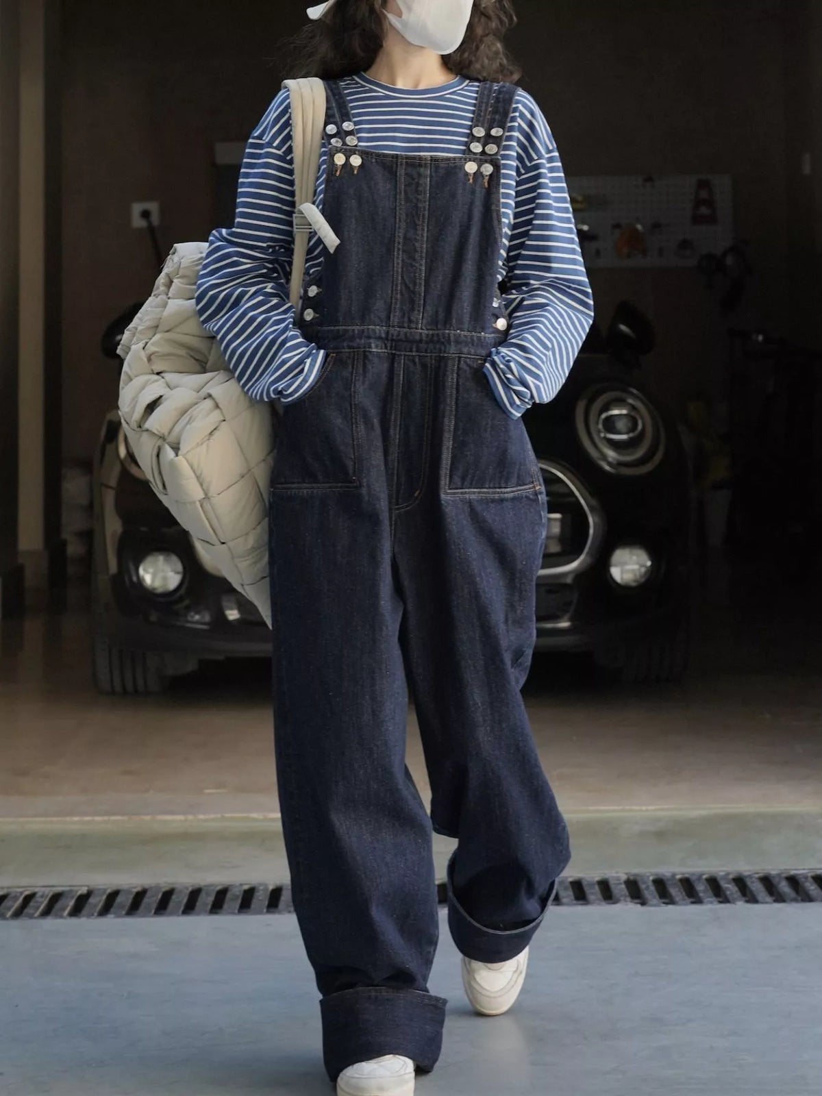 Women's Vintage Dark Wash Wide-Leg Denim Overalls in dark blue — front view