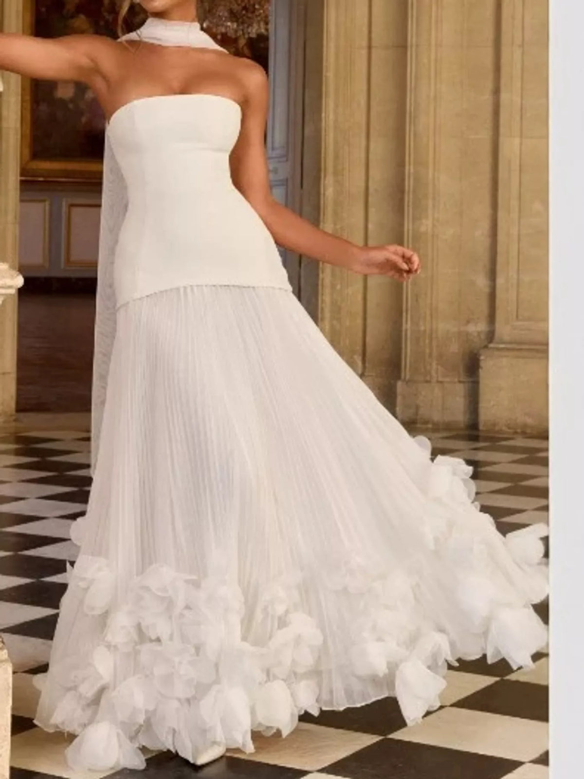 strapless maxi dress, front view on model
