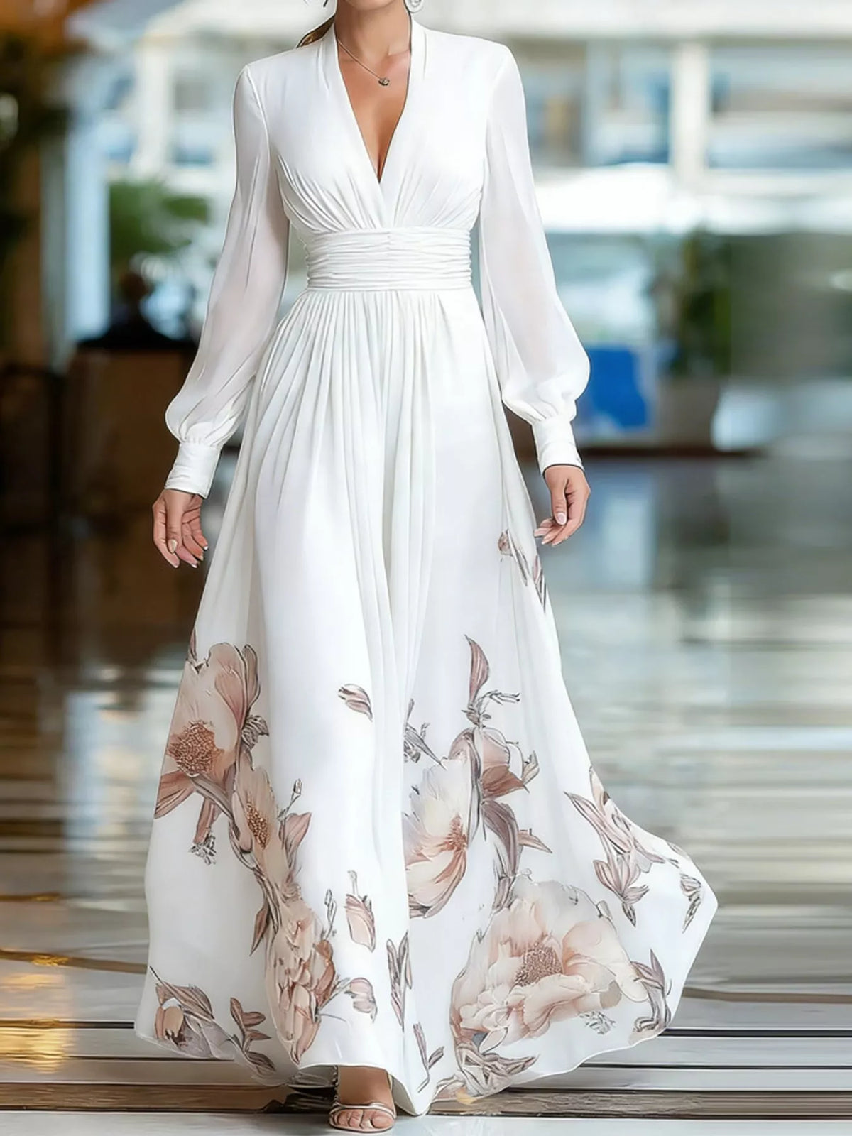 White floral v neck maxi dress, front view