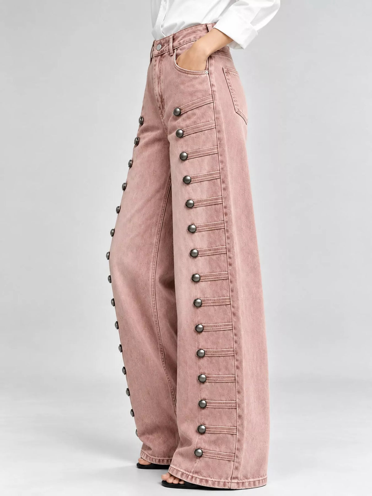 Decorative Button Wide-Leg Jeans in pink, side view