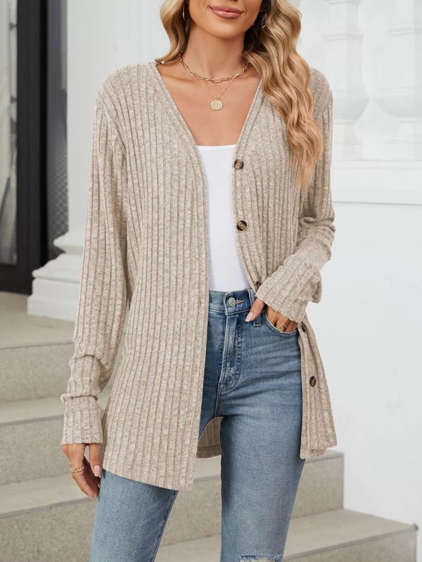 Trendsi Ribbed Button-Up Cardigan -