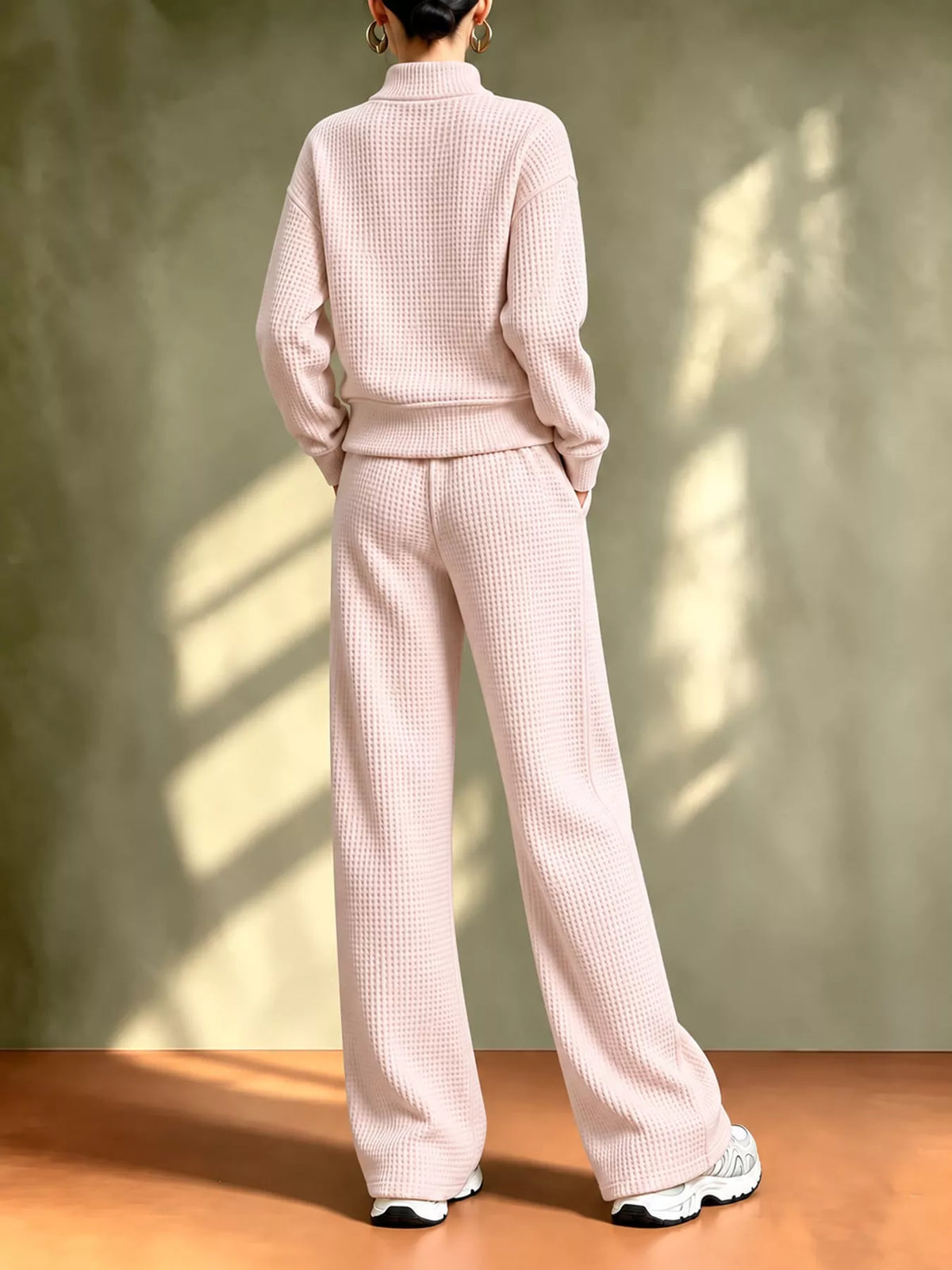 Pink waffle knit button-up outerwear and wide-leg pants set, back view