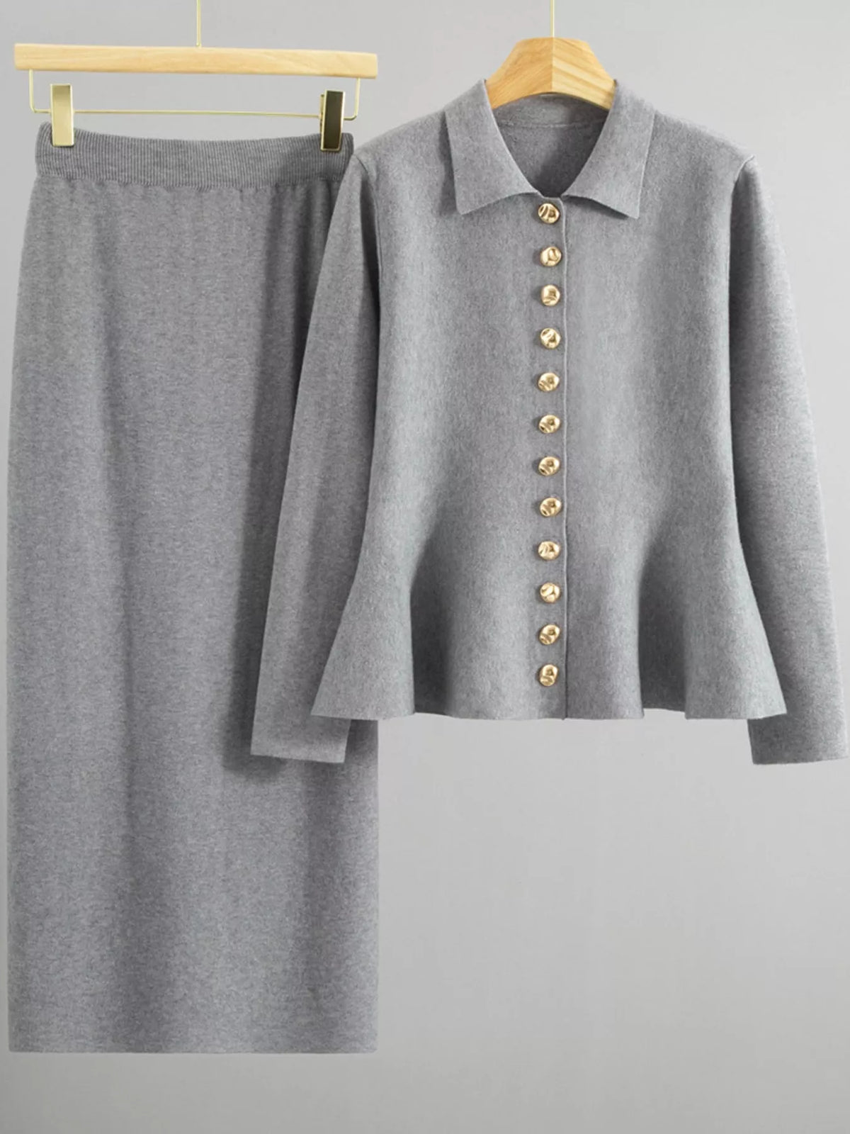 Gray cardigan and skirt set, product view