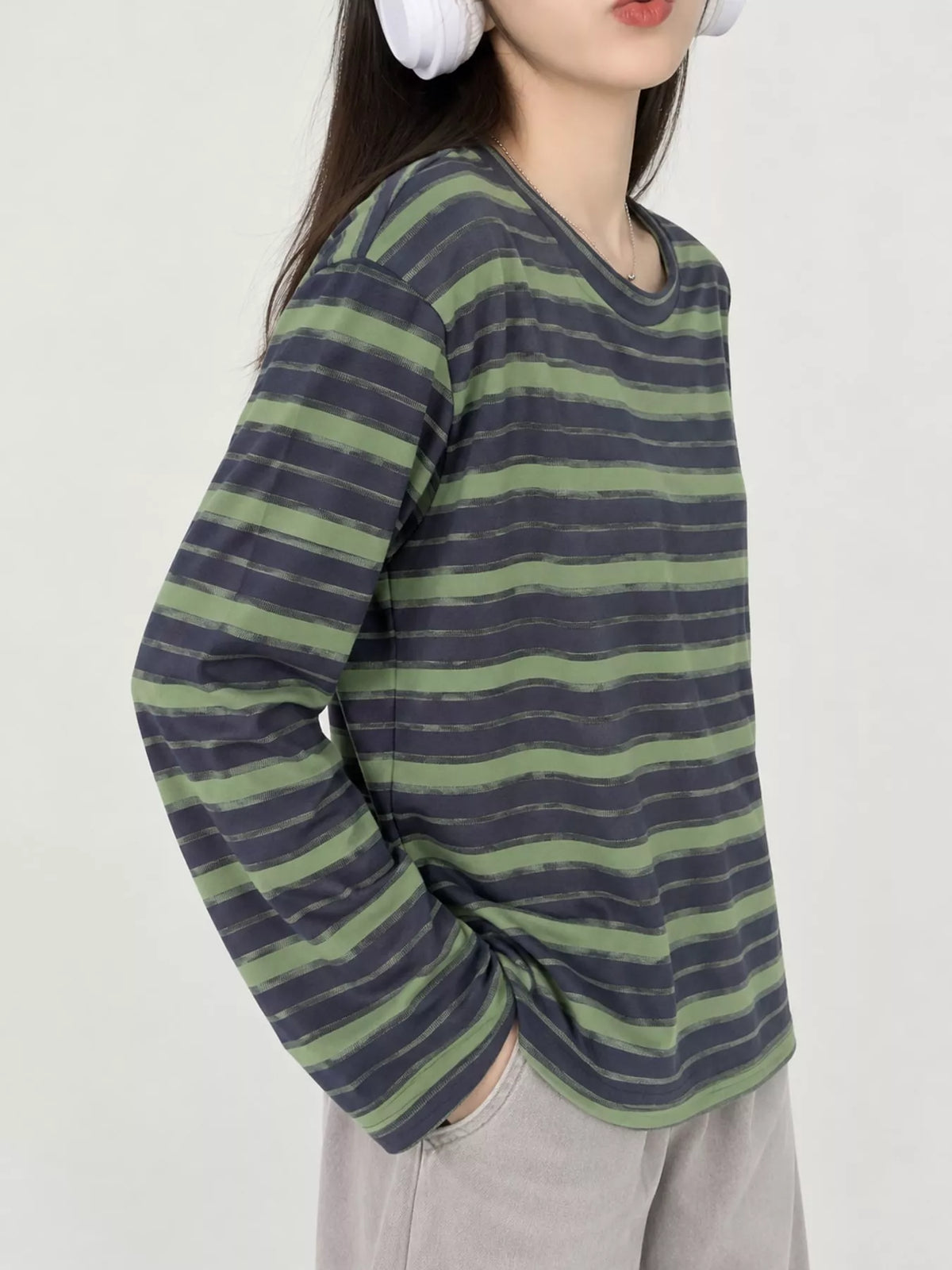Green striped oversized T-shirt, side view