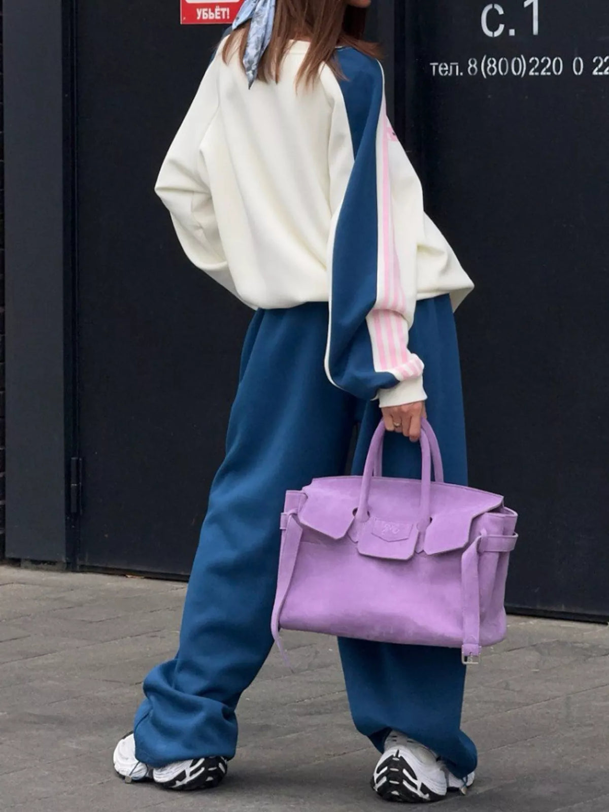 Cream top and navy pants color-block sweatshirt and wide-leg pants set — back view