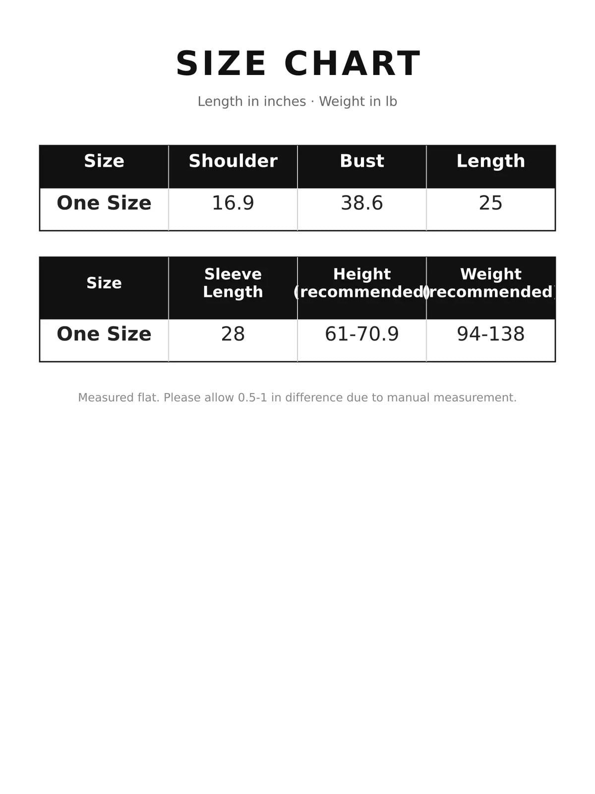 Size chart for faux leather button-front jacket