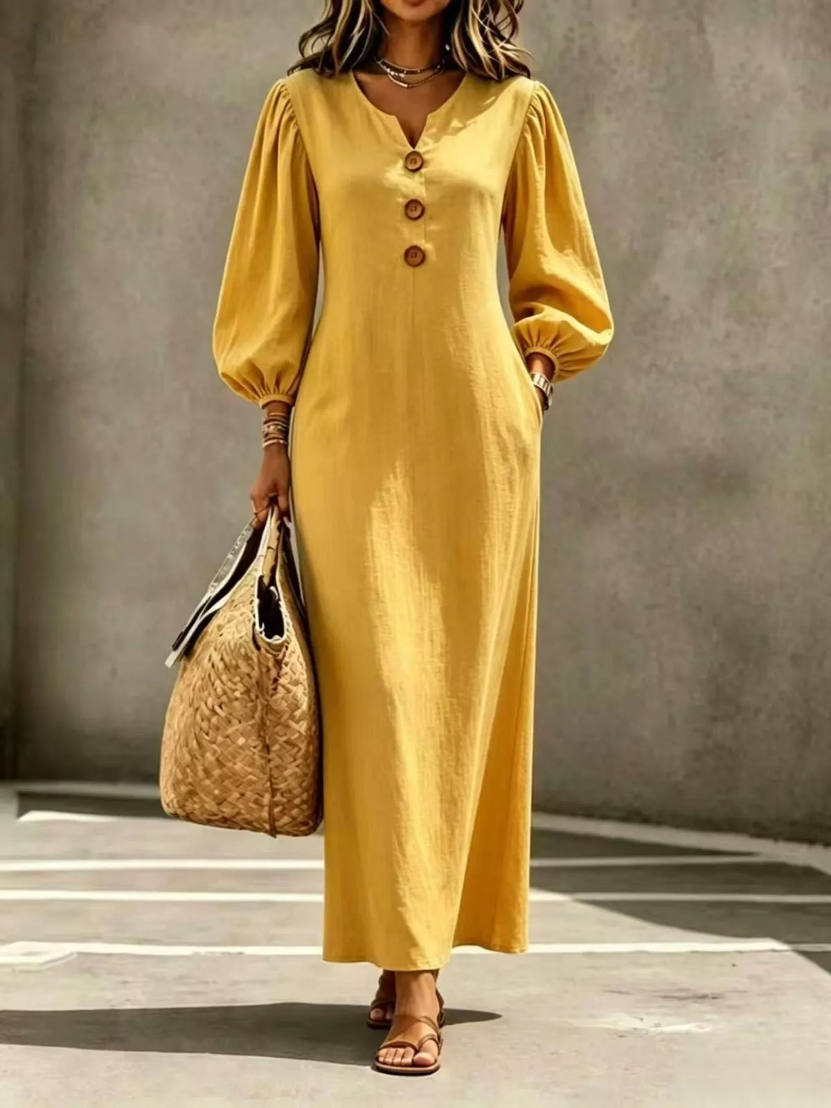Yellow balloon-sleeve maxi dress, full front view