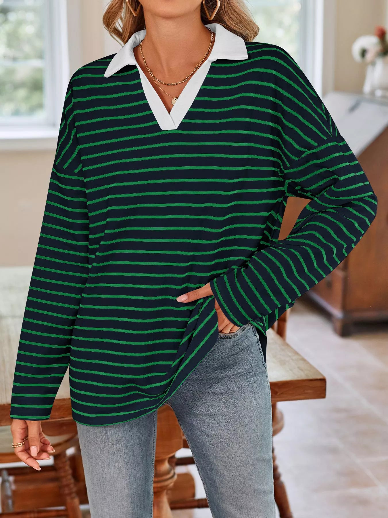 Trendsi Oversized Striped Johnny Collar T-Shirt -