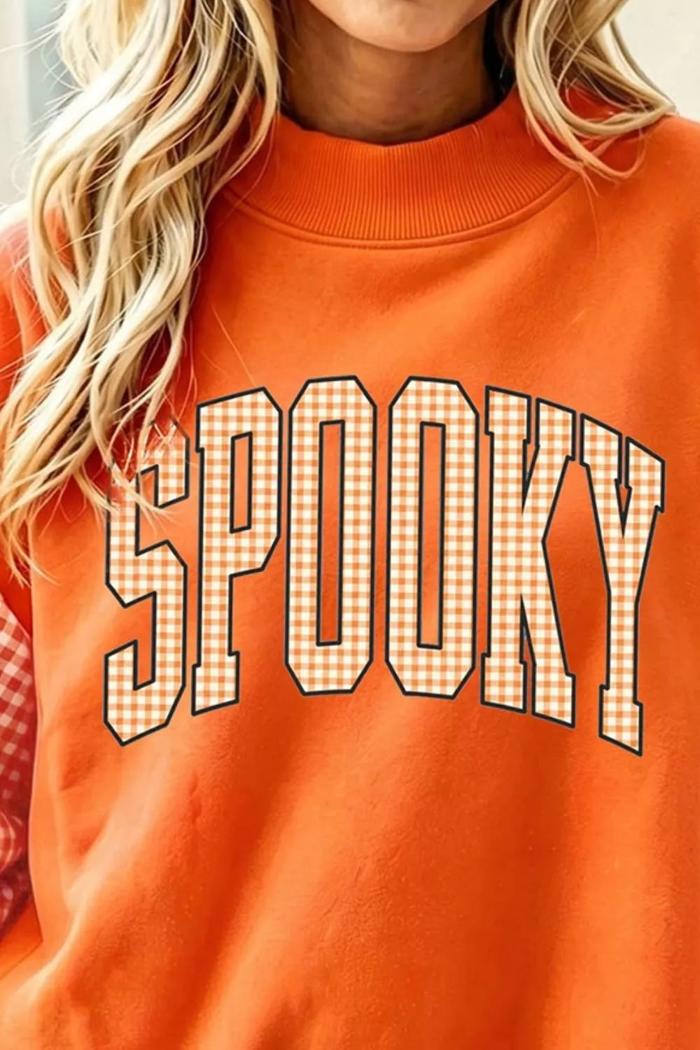 Plaid-sleeve SPOOKY graphic Halloween sweatshirt