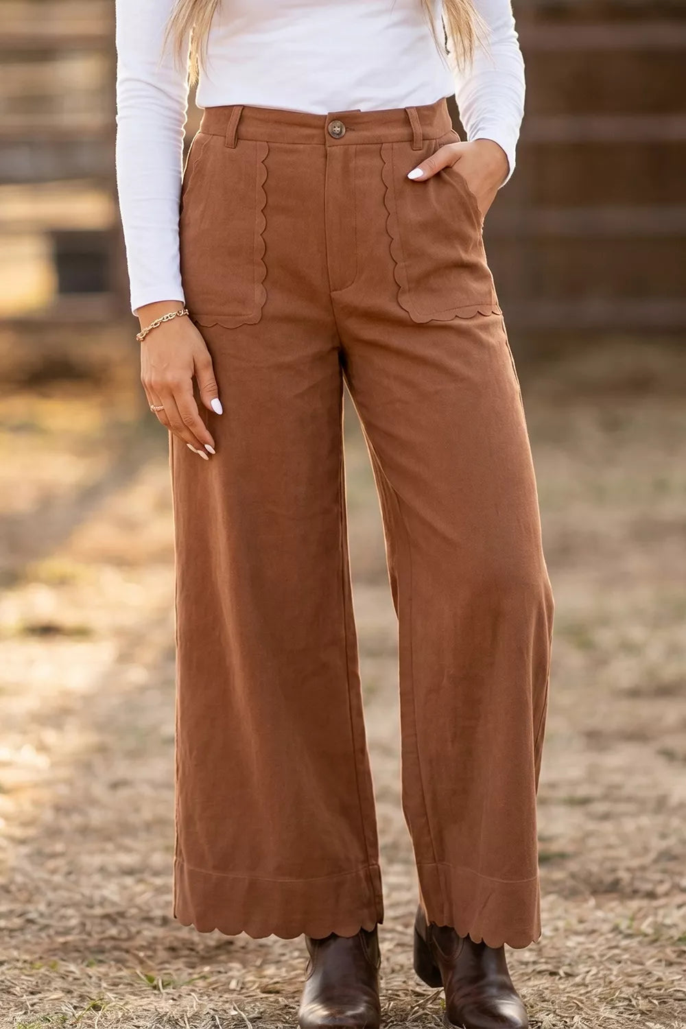 Brown scalloped-pocket wide-leg pants, front view