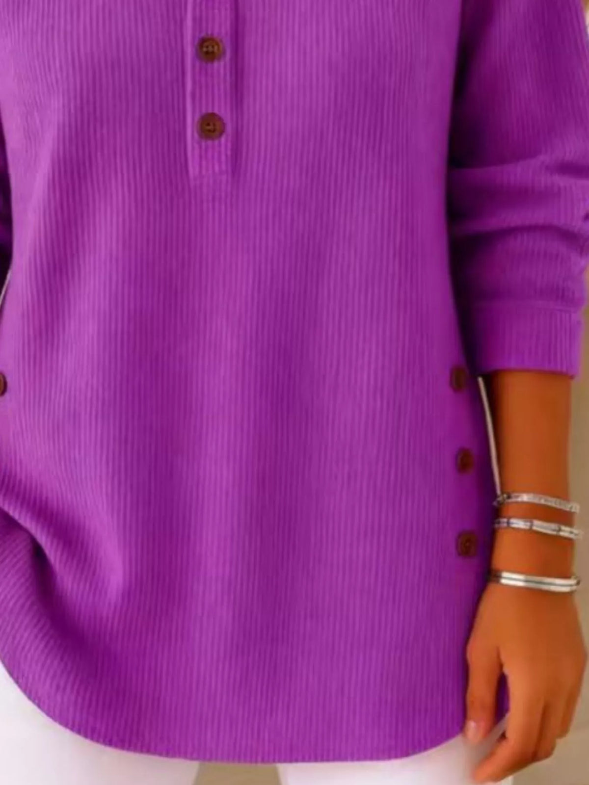 Women's Button Detail Corduroy Top in Dark Purple, back view