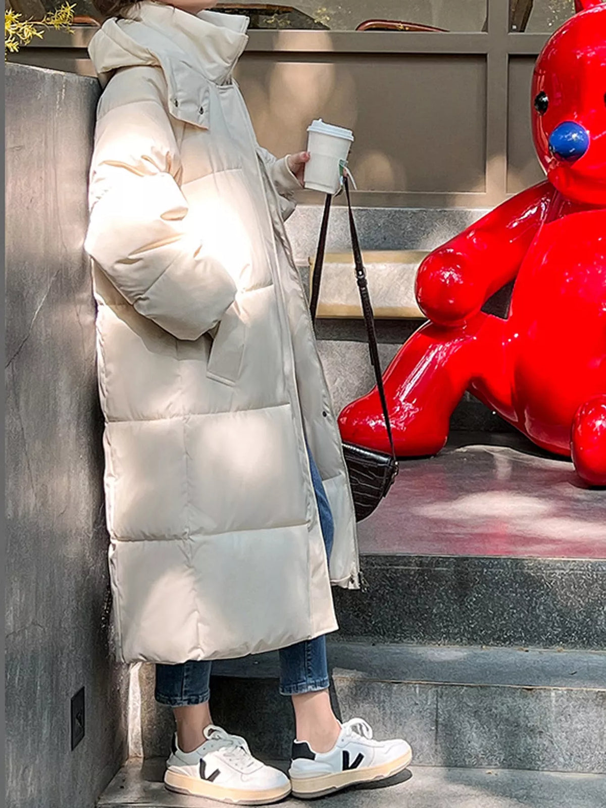 Longline puffer coat, cream side