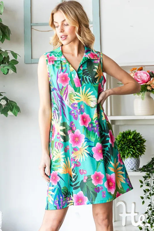 Trendsi Heimish Full Size Floral Johnny Collar Sleeveless Dress Plus Size - Dresses