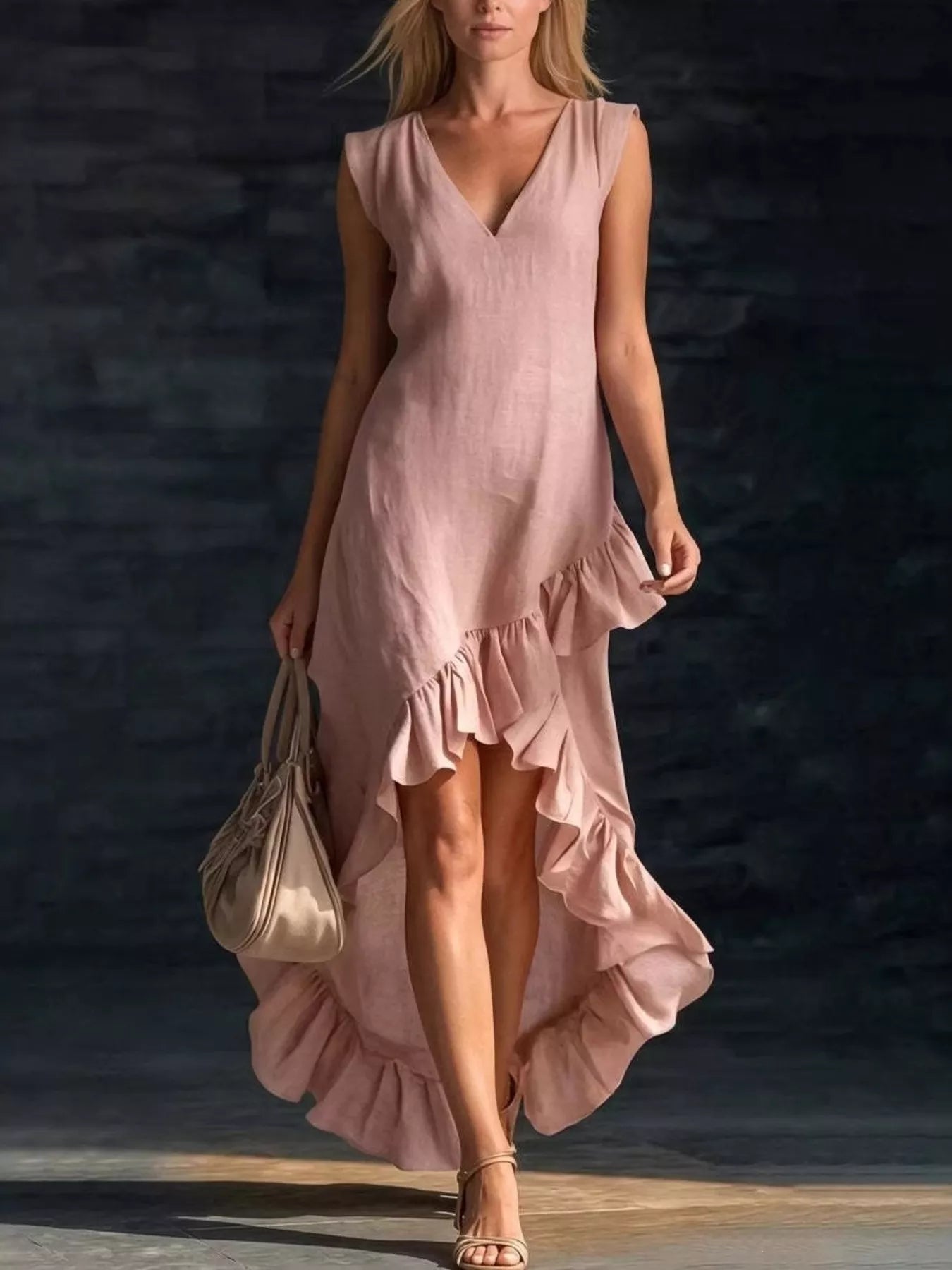 Trendsi Full Size Ruffled Asymmetrical Hem V-Neck Sleeveless Dress Plus Size -