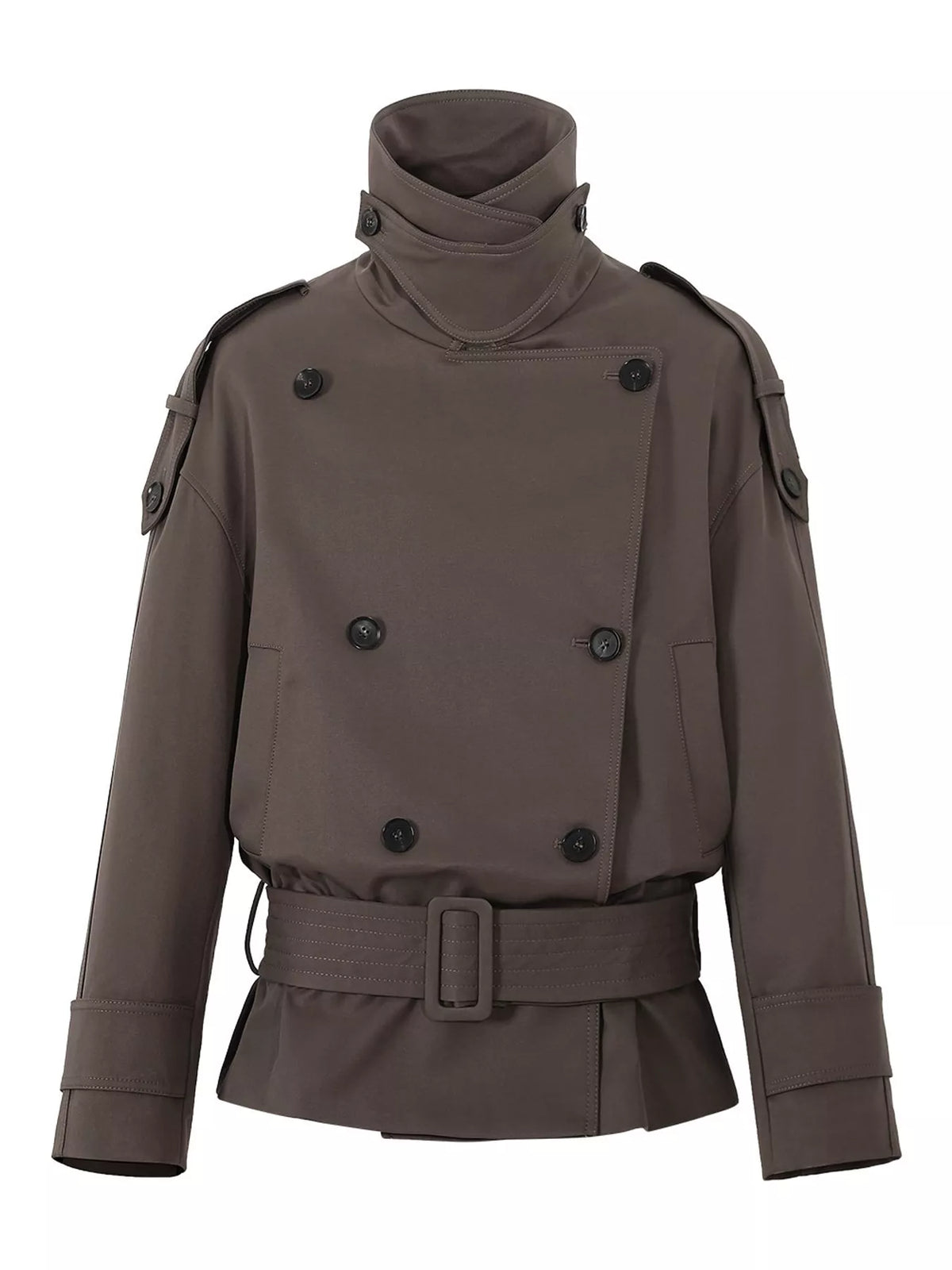 Women's Belted Waist Button Up Trench Jacket in brown — mannequin front view