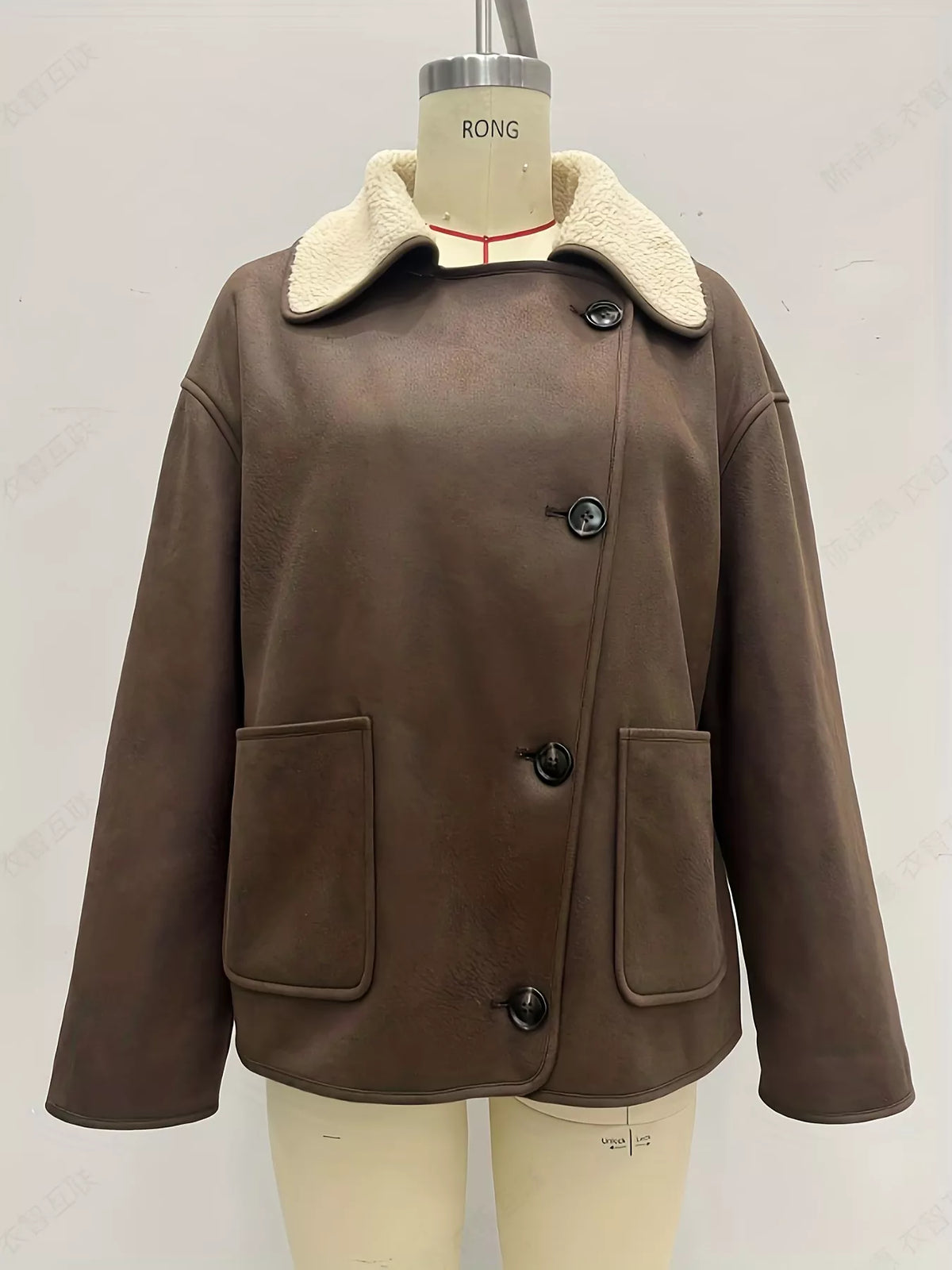 Coffee Brown Sherpa-Lined Button-Down Jacket with Pockets front view on mannequin