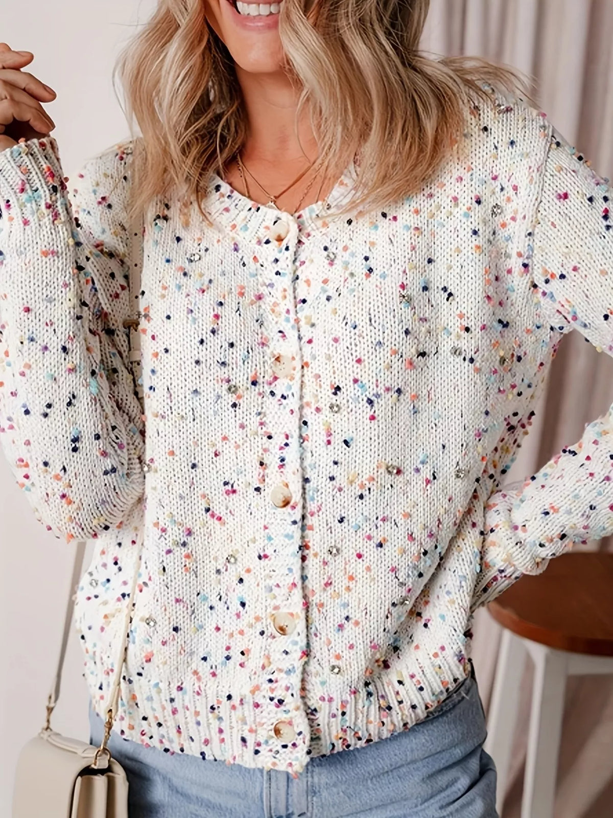 Textured Knit Button-Up Cardigan in white with multicolor flecks, button and knit detail
