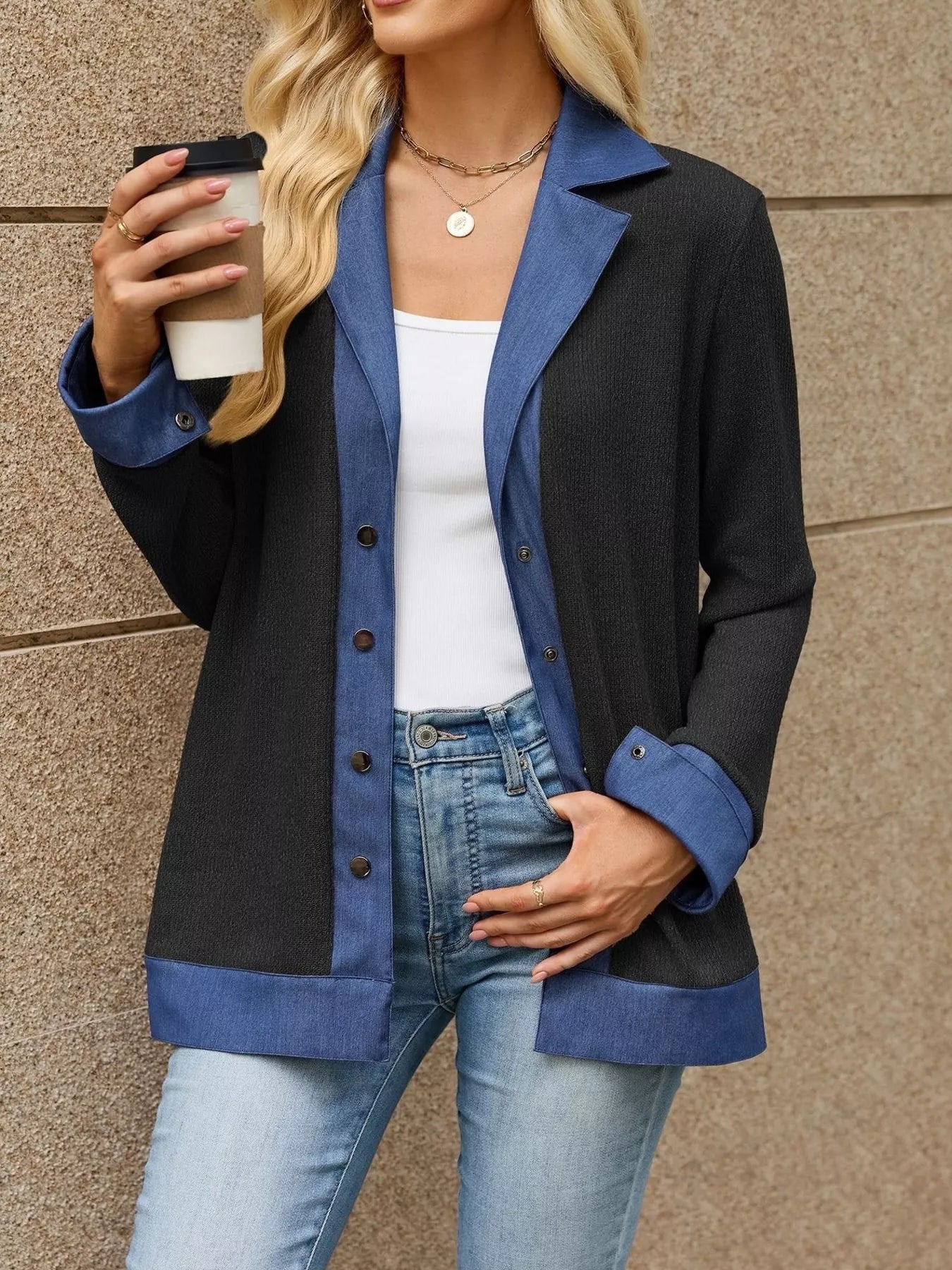 Trendsi Contrast Denim Lapel Collar Outerwear -