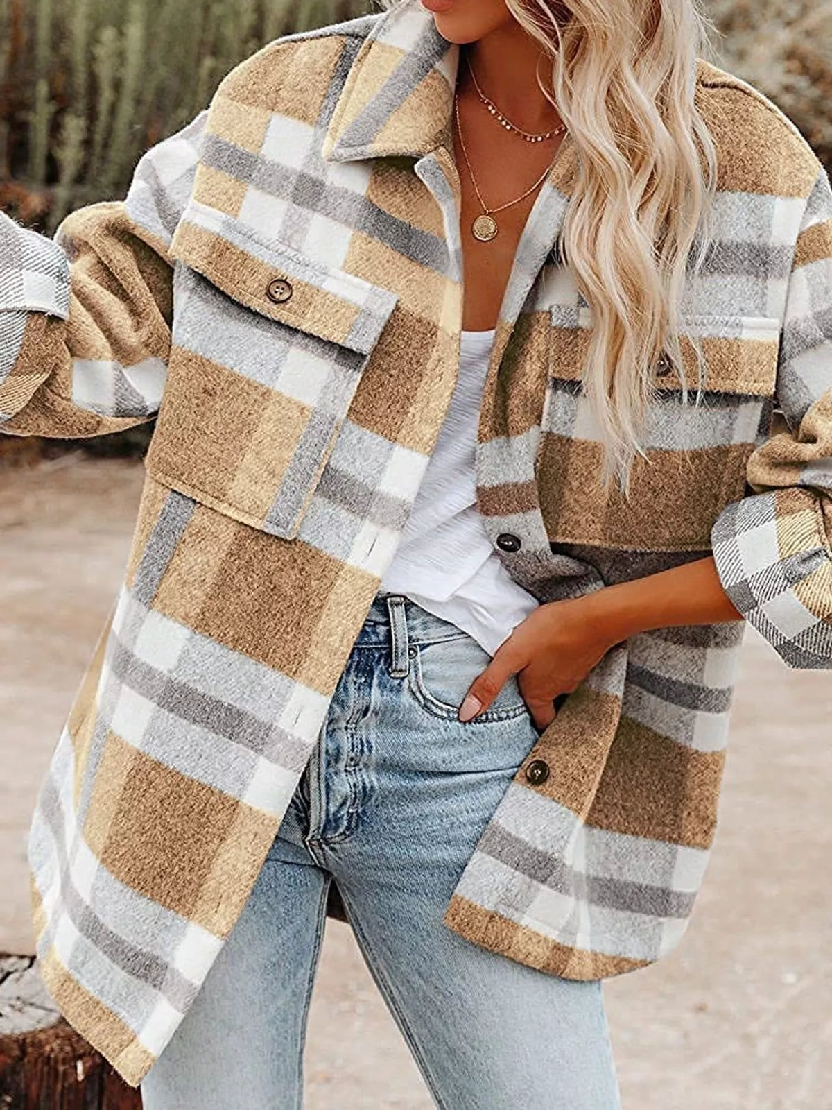 Collared long sleeve jacket, front view on model