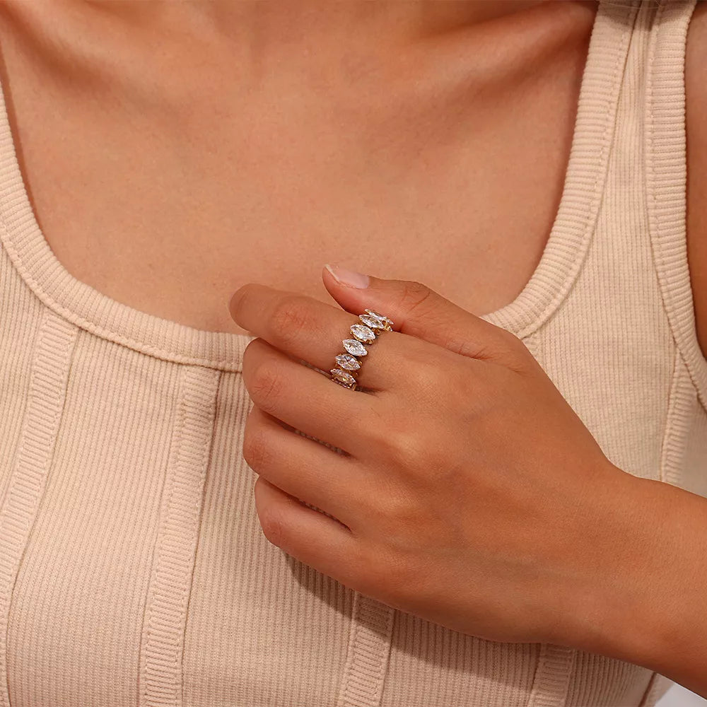 Gold-plated zircon bracelet and ring set — ring worn close up