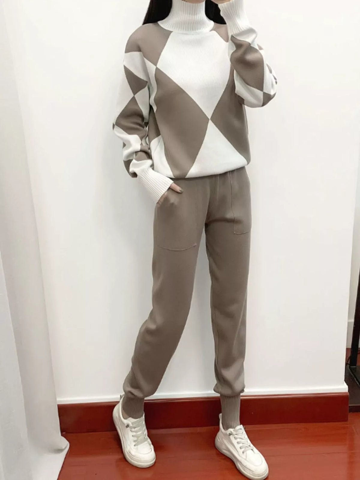 Argyle Pattern Mock Neck Sweater and Jogger Set — side view