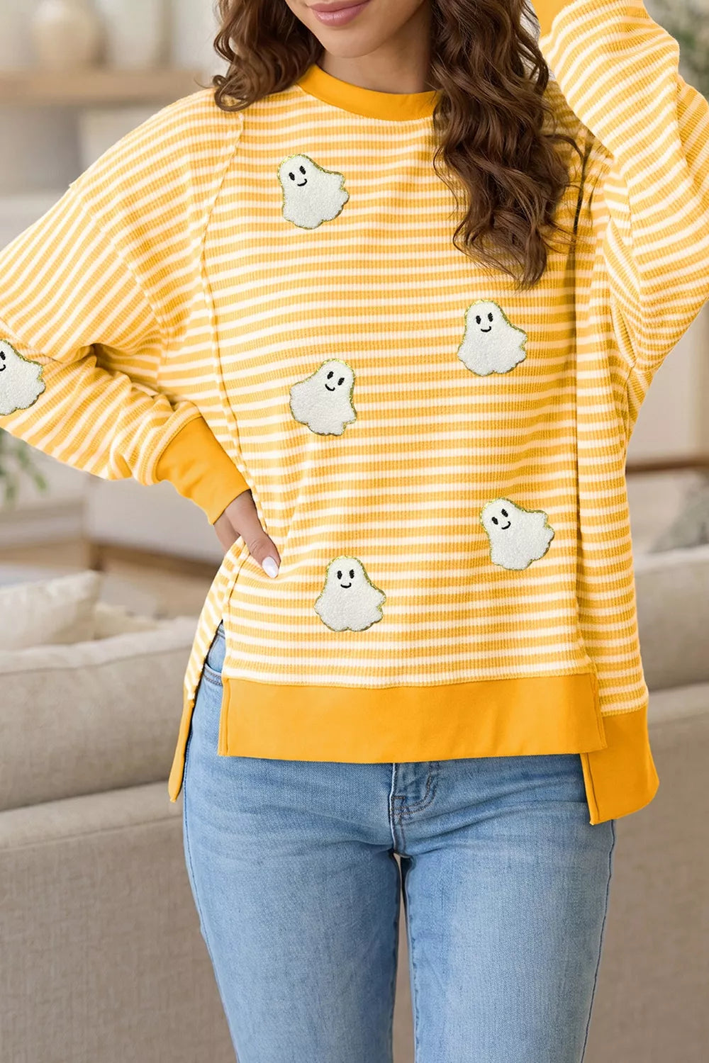 Trendsi Stripe Halloween Ghost Patch Round Neck Long Sleeve Top -