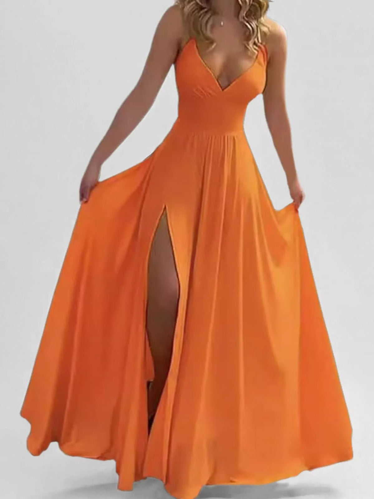 Orange sleeveless high slit maxi dress, front view