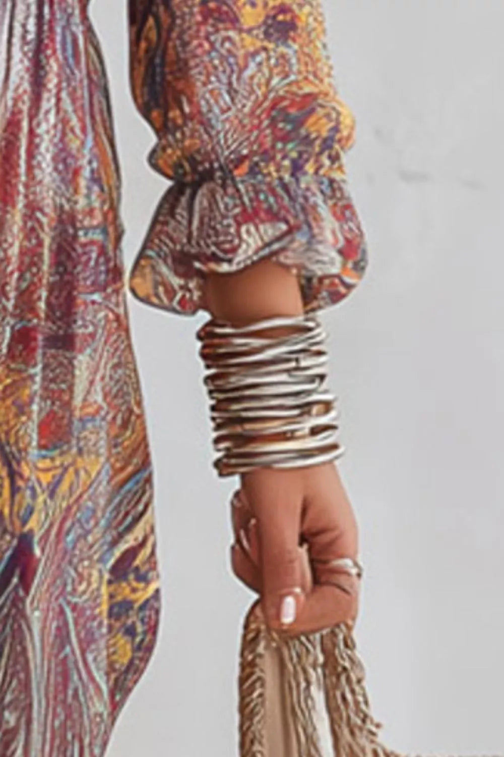 Multicolor Paisley Print V-Neck Long Sleeve Maxi Dress back view