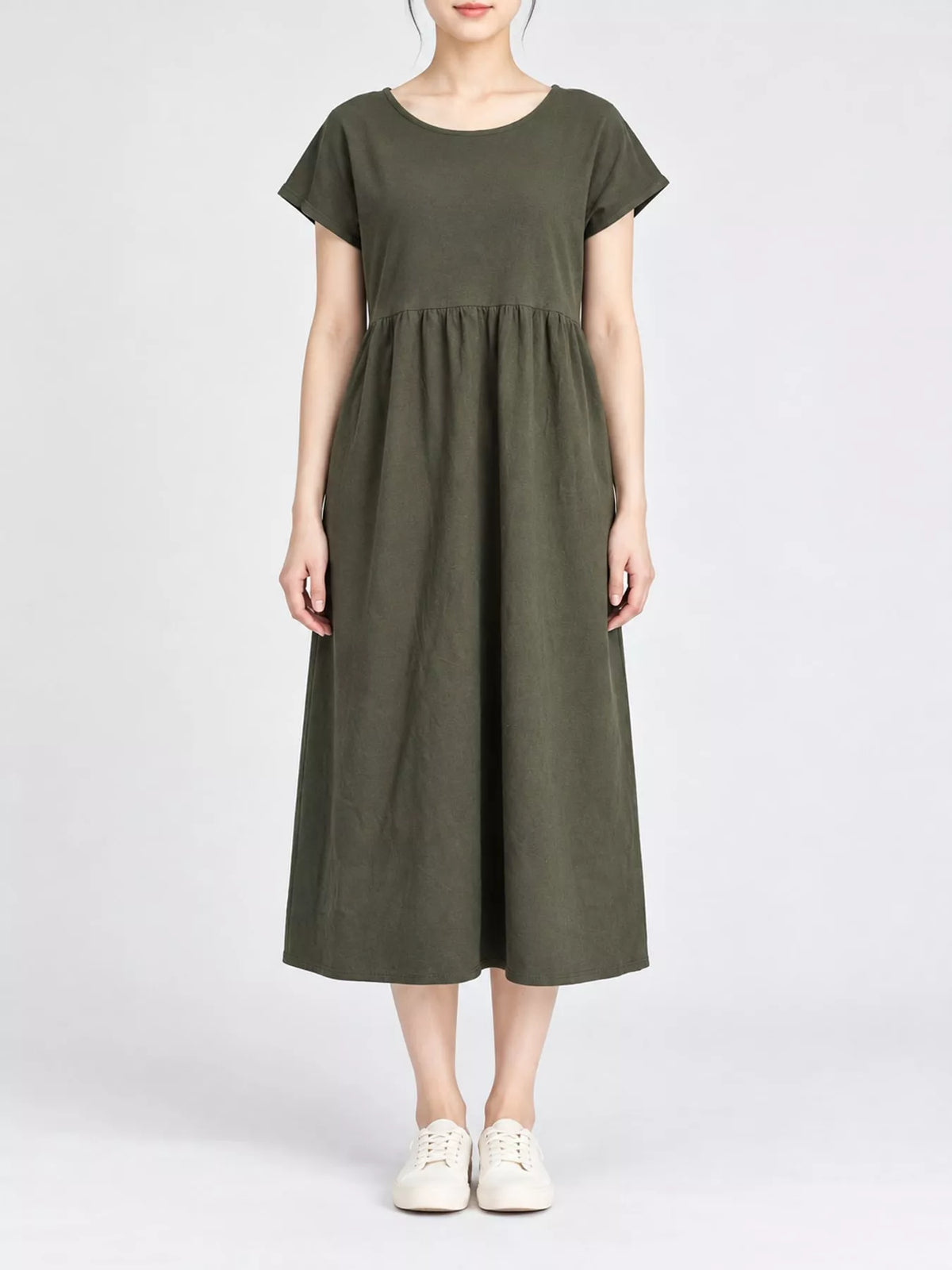 Round neck short sleeve midi dress, front view on model