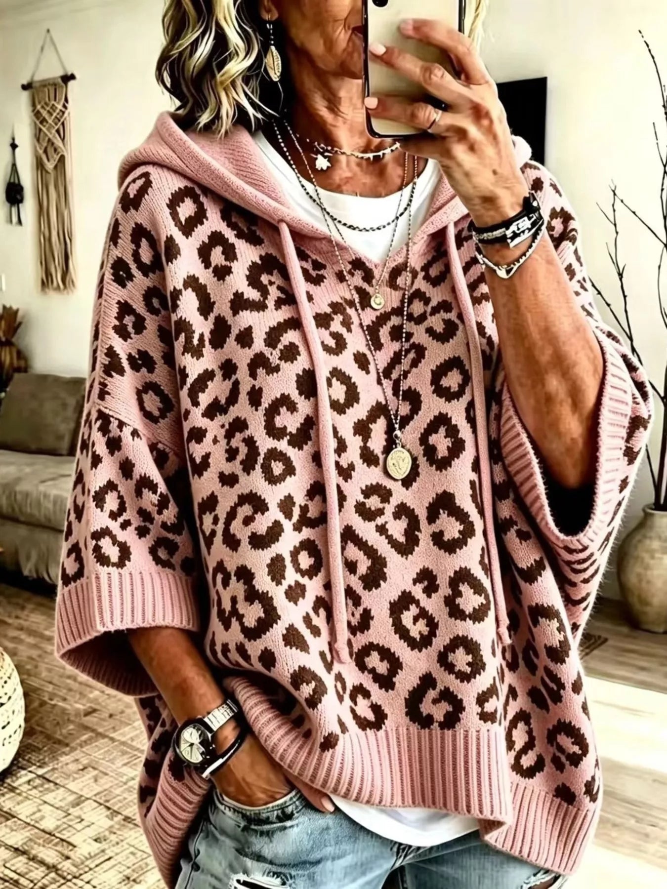 Trendsi Drawstring Leopard Hooded Sweater -