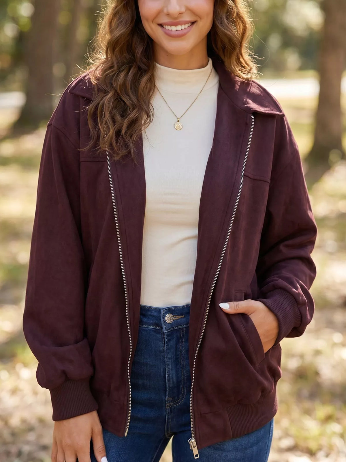 Collared Zip-Up Long Sleeve Jacket, front view