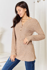 Trendsi Double Take Notched Neck Ribbed Long Sleeve T-Shirt -