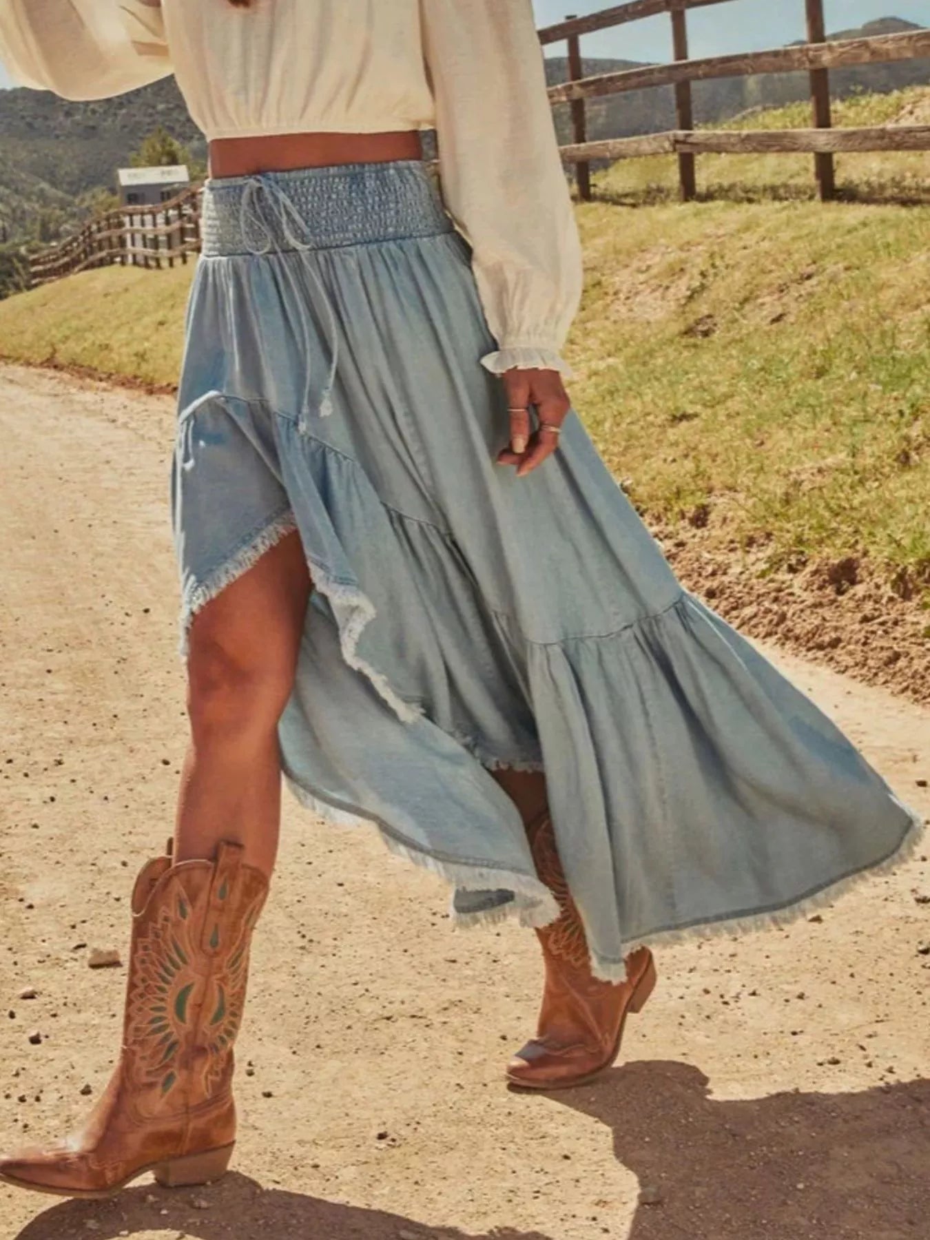 Trendsi High-Low Frayed Hem Denim Skirt -
