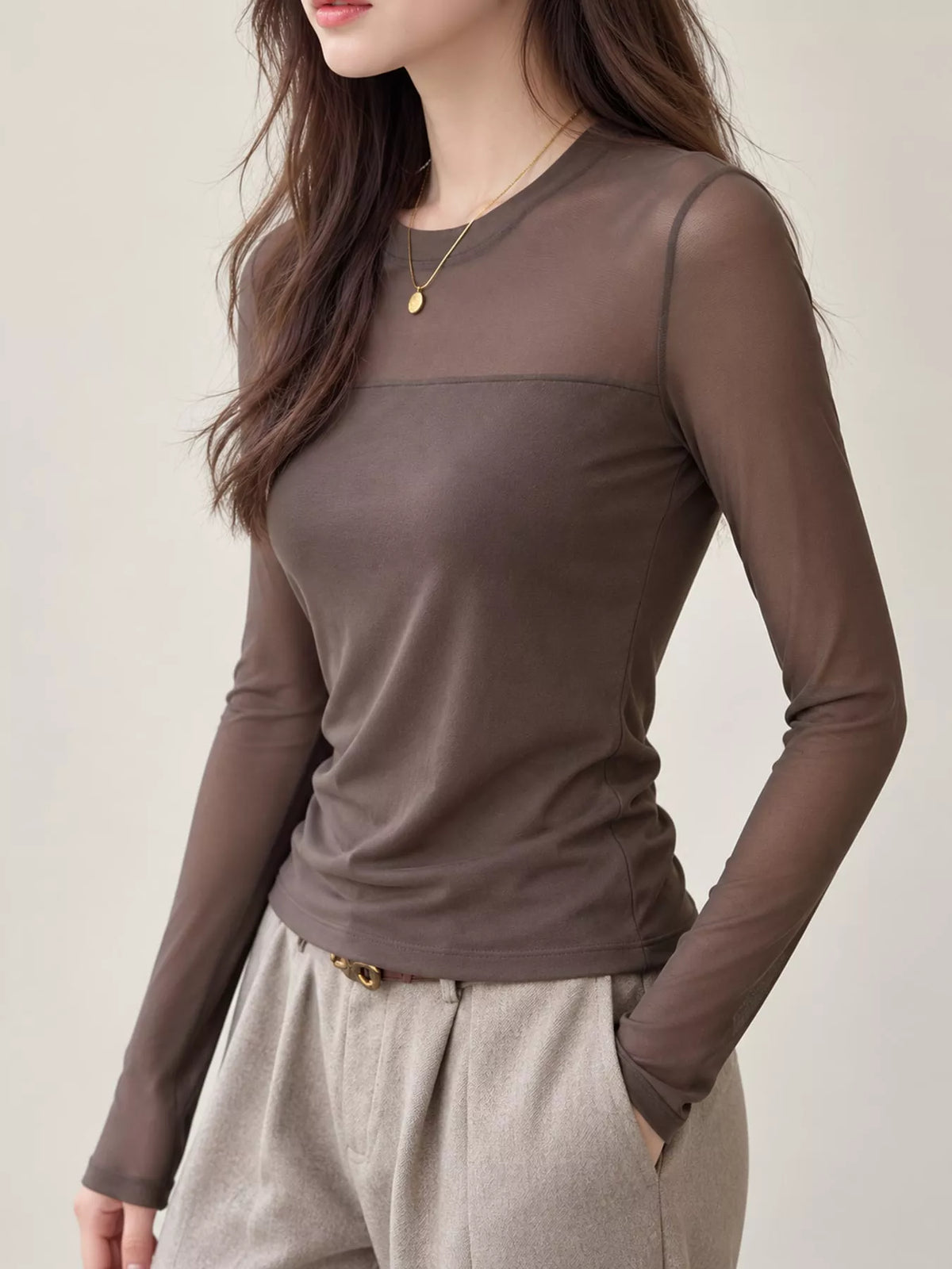 Coffee sheer mesh patchwork long sleeve t-shirt