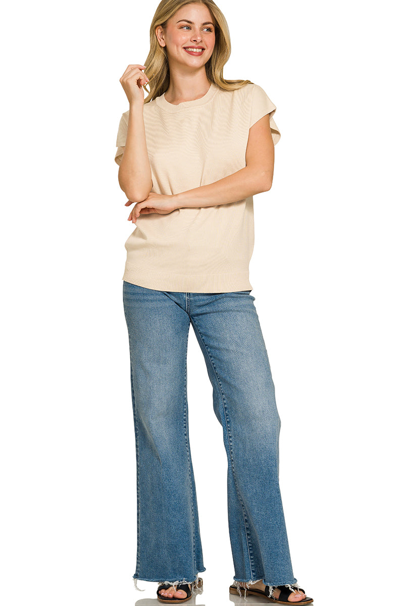 Women's Viscose Blend Ribbed Crew-Neck Short Sleeve Sweater — product view 3