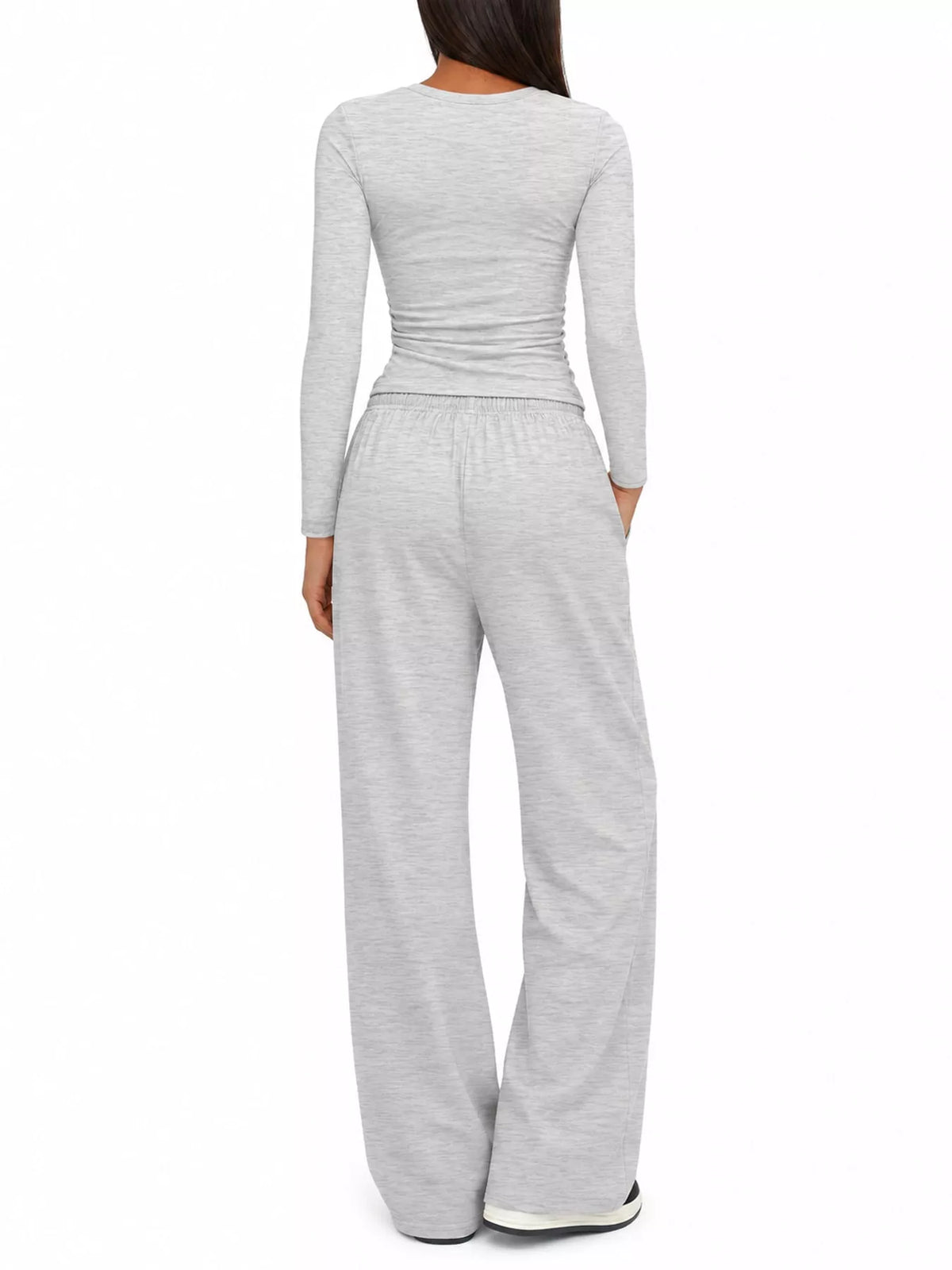 Long Sleeve Ruched Top and Wide-Leg Drawstring Pants Set — back view