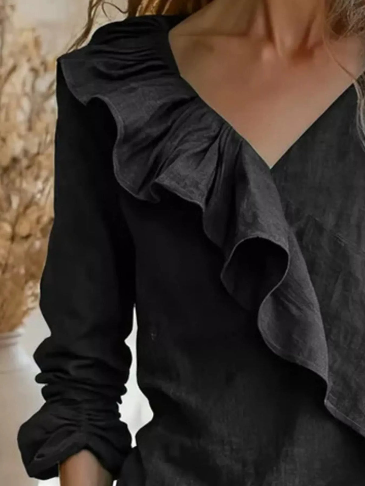 Trendsi V-Neck Ruffled Long Sleeve Blouse -