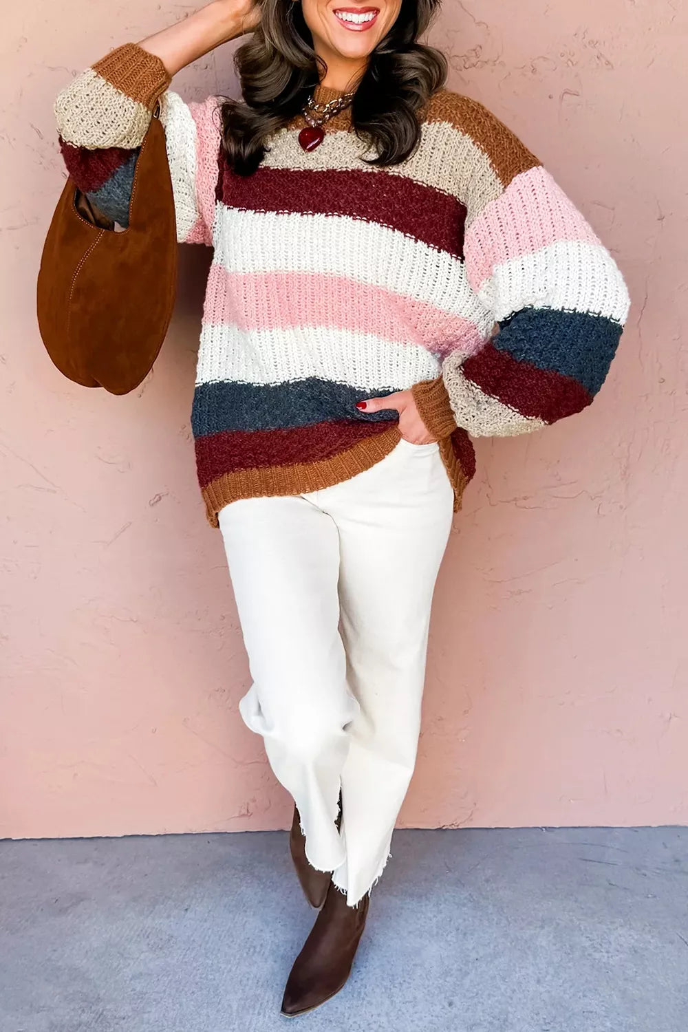 Trendsi Striped Knit Dropped Shoulder Round Neck Sweater -