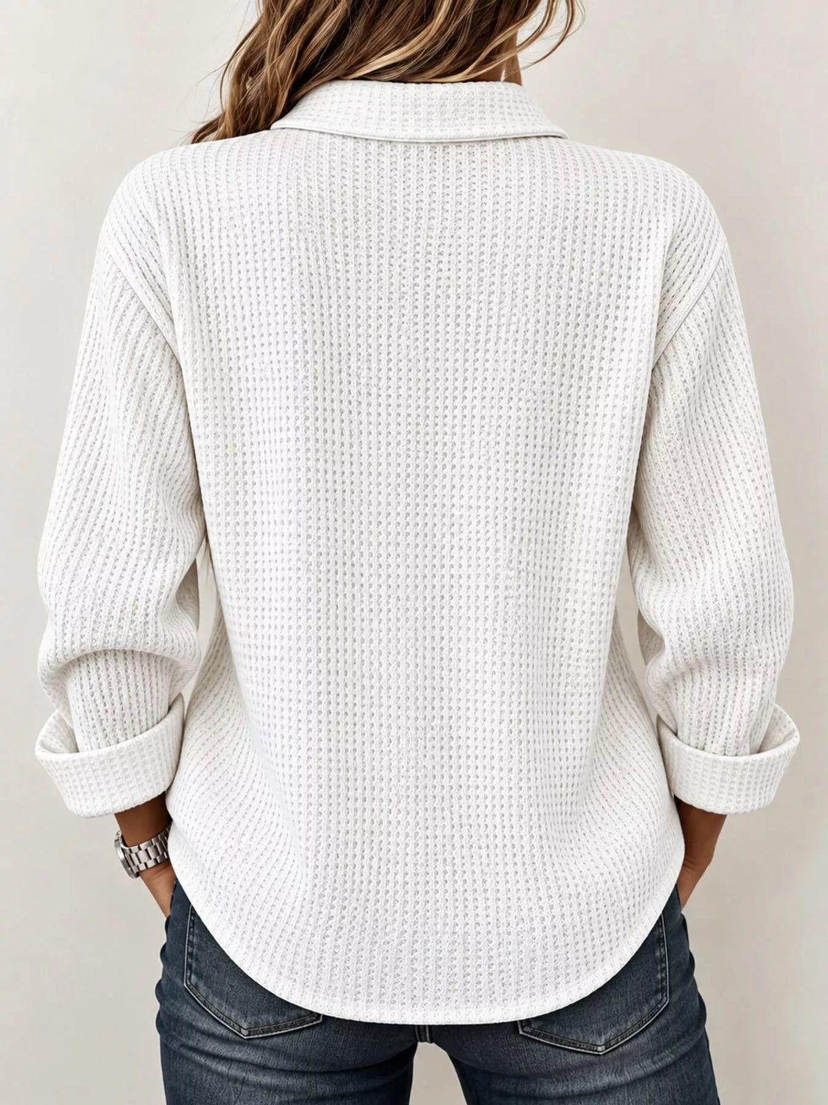White waffle knit long sleeve polo top, back view