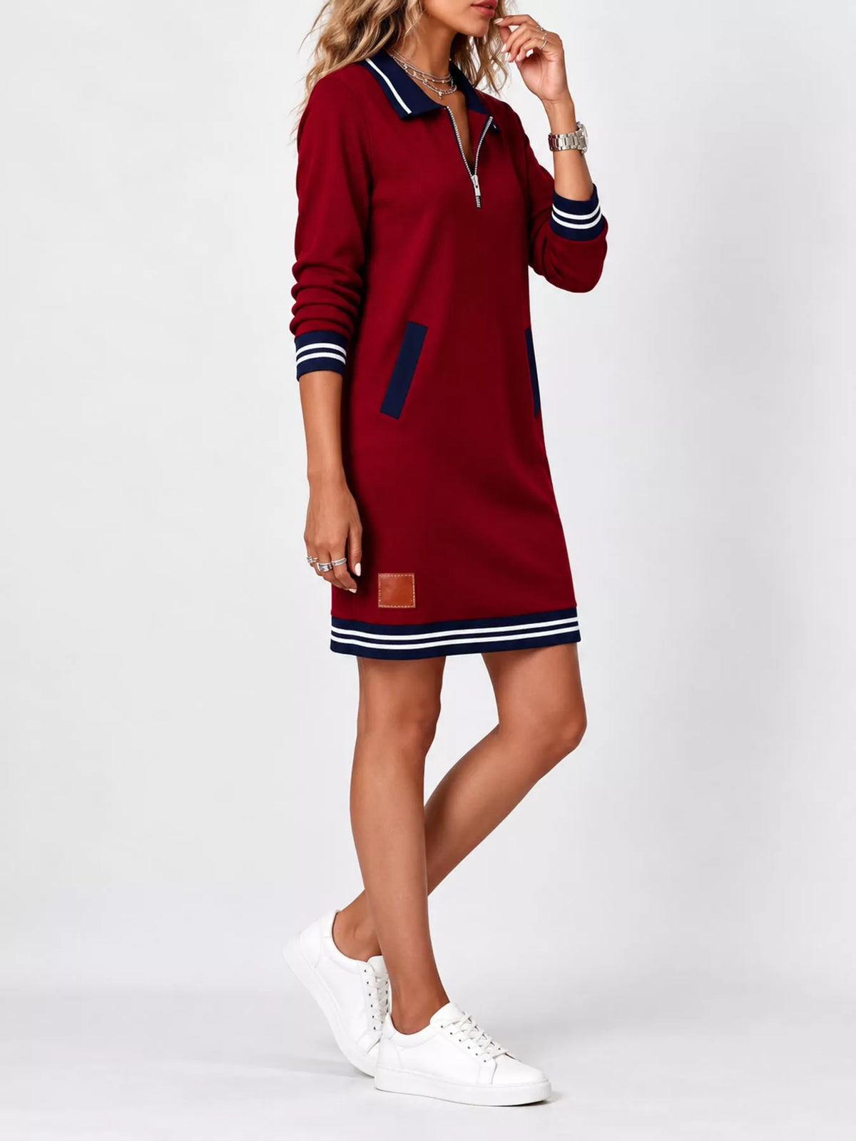Red zip-up polo collar knit dress