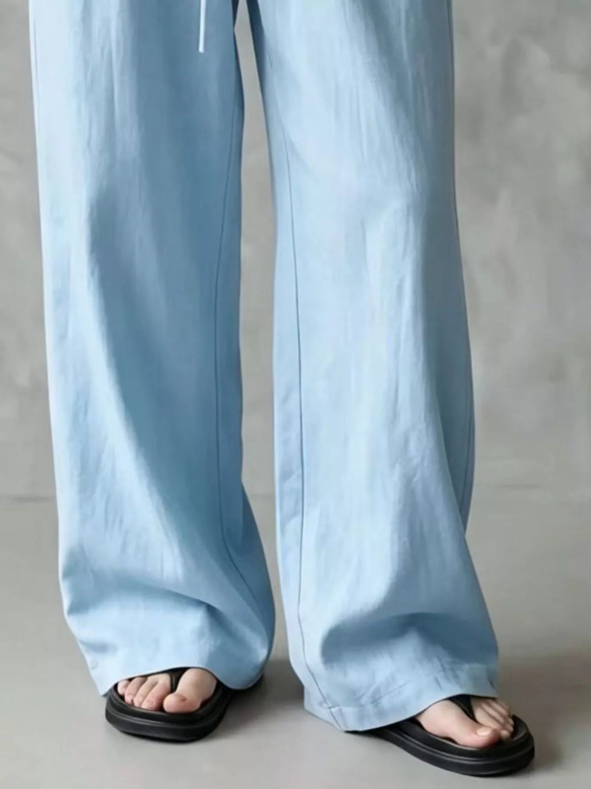 Women's Drawstring Wide-Leg Casual Pants in light blue — hem detail view
