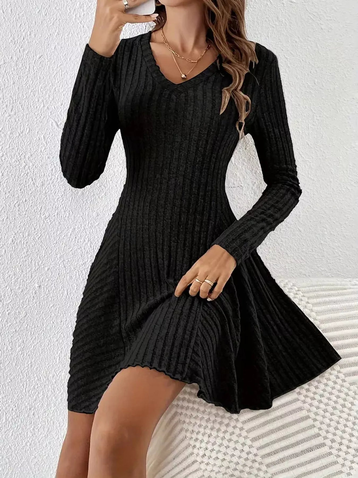 Ribbed mini dress, black seated front